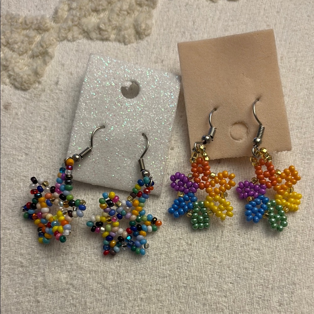 Handmade in Mexico lightweight Colorful Beaded Star Earrings SET OF 2 NEW